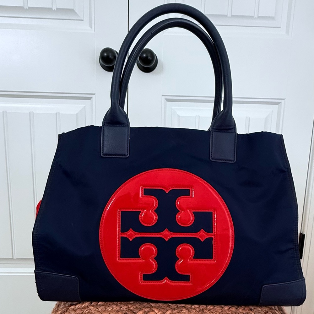 Tory Burch Ella Navy and Red Logo Tote EUC